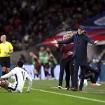 England manager Thomas Tuchel gestures during the World Cup qualifying soccer match between England and Albania at Wembley stadium in London, Friday, March 21, 2025. (Adam Davy/PA via AP)